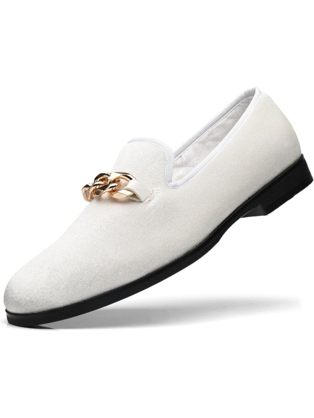 Men's White Plain Toe Imported Golden Copper Chain Pull On Modern Velvet Loafers